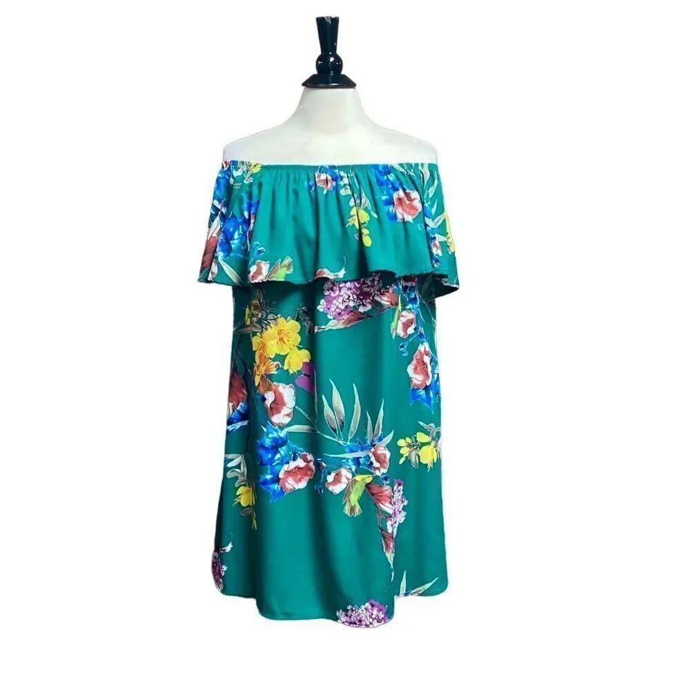 Promesa Green Floral Ruffle Off Shoulder Dress Size Large NEW